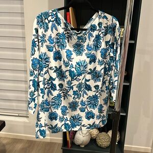 XXL cream blouse with teal blue green and black flowers.  New with Tags. Soft